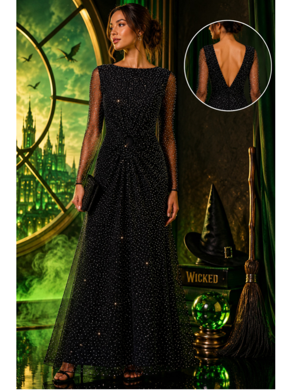 NWT AQUA x Wicked Black Rhinestone Mesh Open Back Gown XS